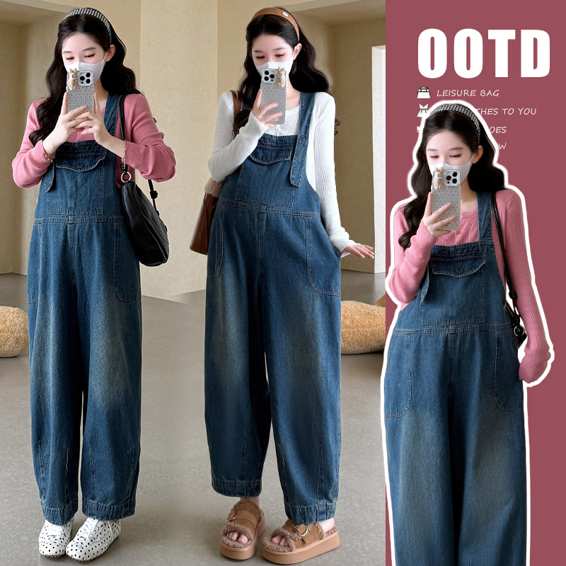 早秋款孕妇牛仔背带裤女款2025新款针织孕妇长袖上衣秋季两件套装