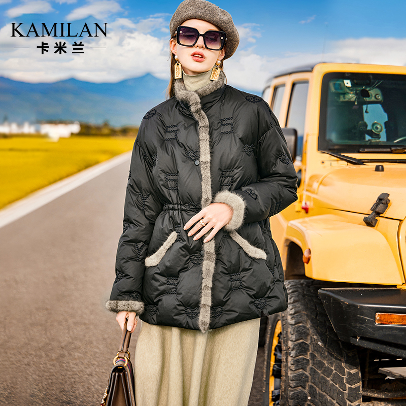 卡米兰水貂毛领拼接白鹅绒羽绒服女2025冬季新款保暖鹅绒服外套