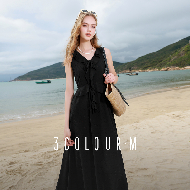 【小云总专属】三彩2025夏季新款剪花荷叶边V领连衣裙收腰Adbq