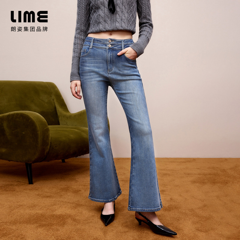 朗姿/莱茵复古时尚高腰微喇叭牛仔裤子暮色藏蓝色LDGD8BDPT902