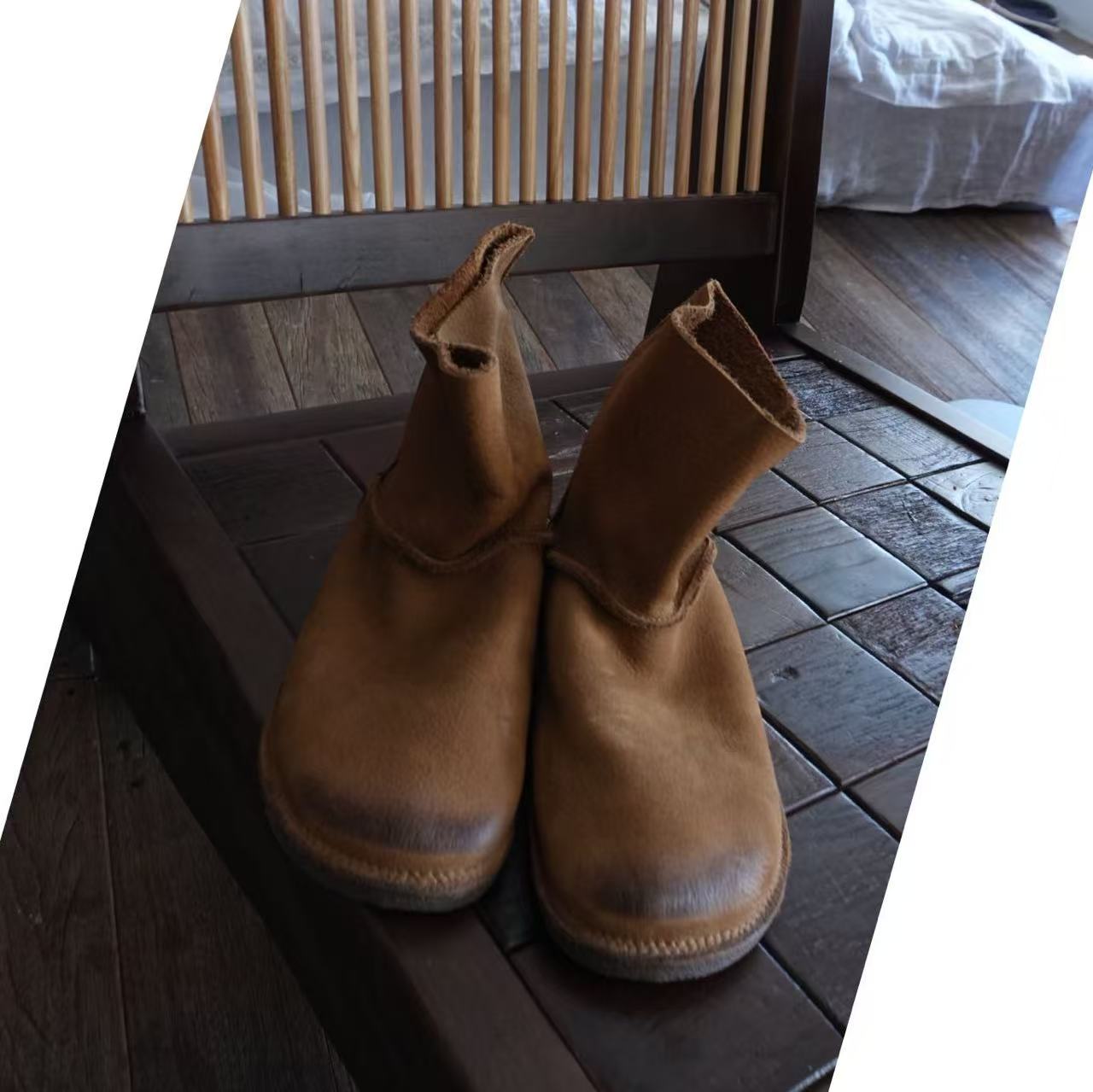 D558-16文艺牛皮马丁靴卡其色圆头