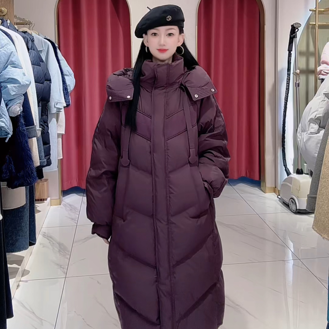 冬季女款长款连帽加厚保暖白鸭绒时尚过膝简约外套羽绒服宽松韩版