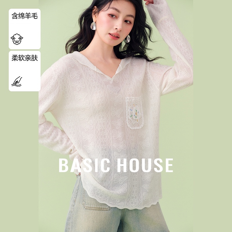 Basic House/百家好春季新款设计感蕾丝连帽针织衫-B0625H5W882
