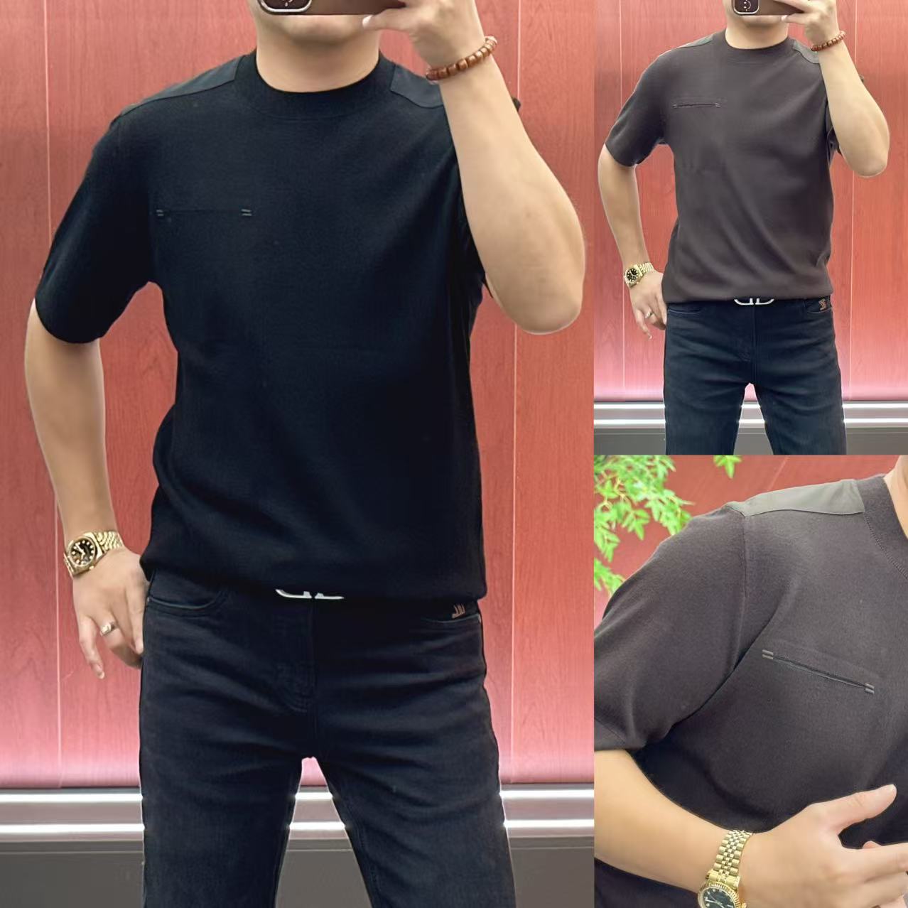 65149男士秋冬款•简约轻奢•高织高密高弹桑蚕丝短袖针织衫•宏