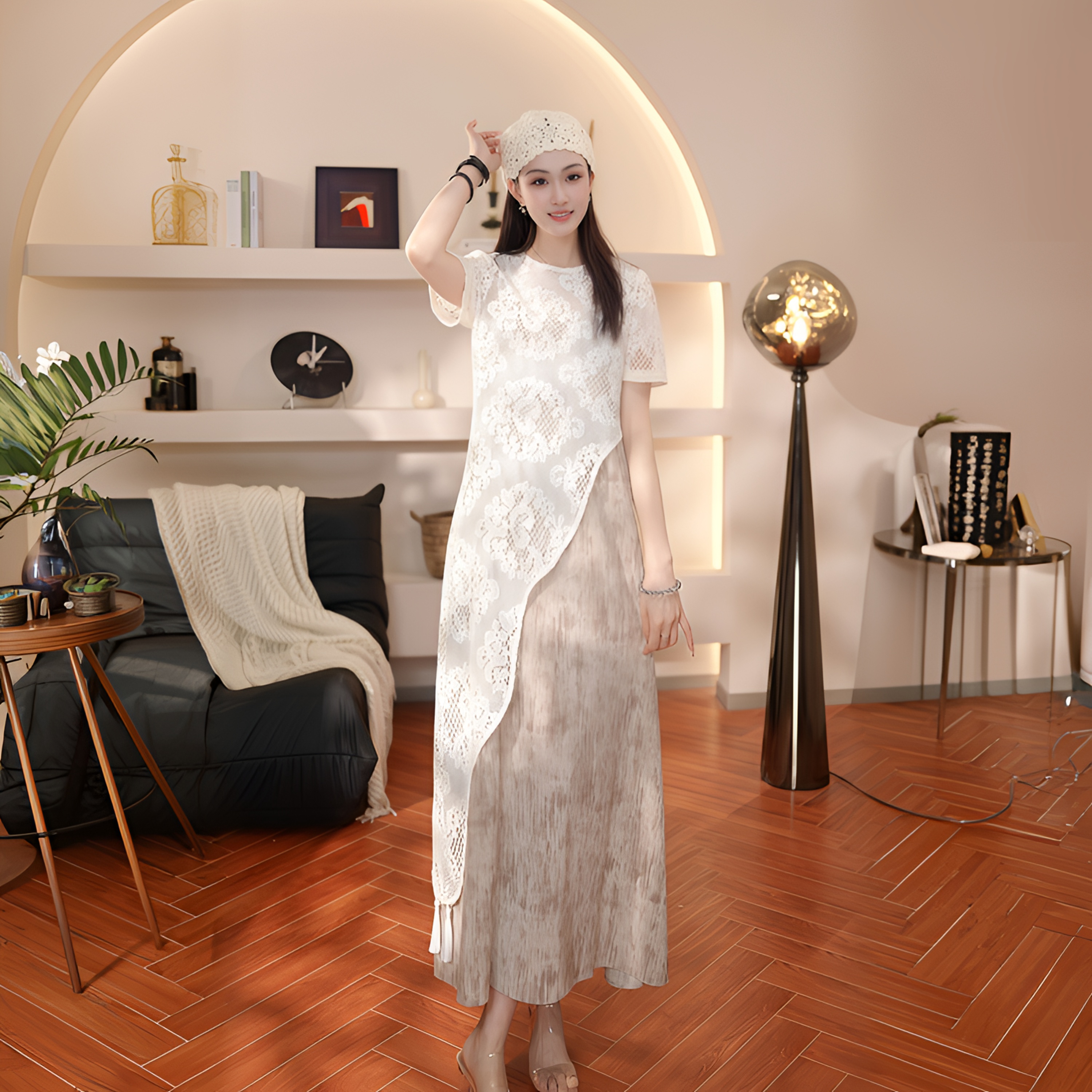 【楚楚】浪漫法式风蕾丝罩衫吊带裙套装氛围感两件套中长款气质显瘦