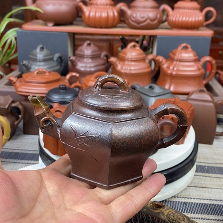 紫砂茶壶六方竹节200Cc原矿老紫泥柴烧