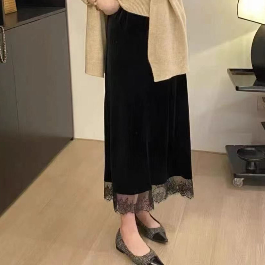 蕾丝拼接丝绒高腰显瘦中长款直筒裙