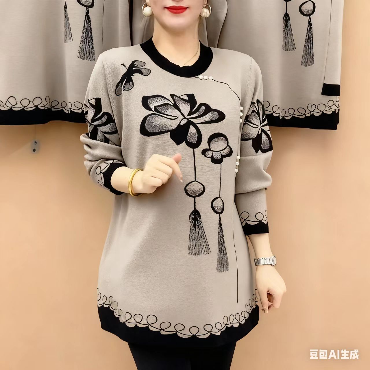薄款女士中年女装百搭女装打底衫印花中长款常规款188