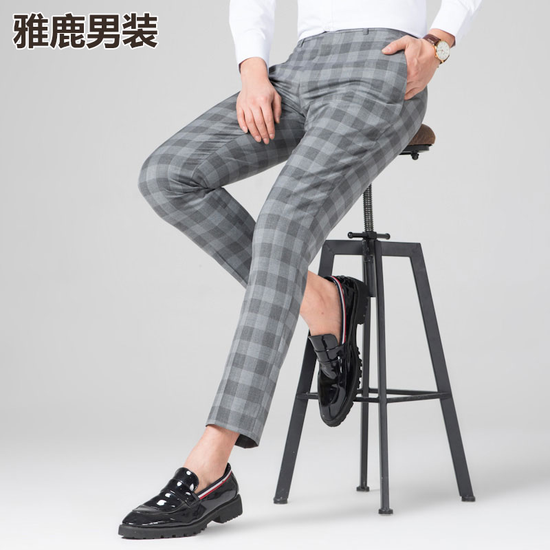 雅鹿男装直筒弹力春夏休闲裤长裤裤子时尚雅鹿男装微弹力格纹夏季