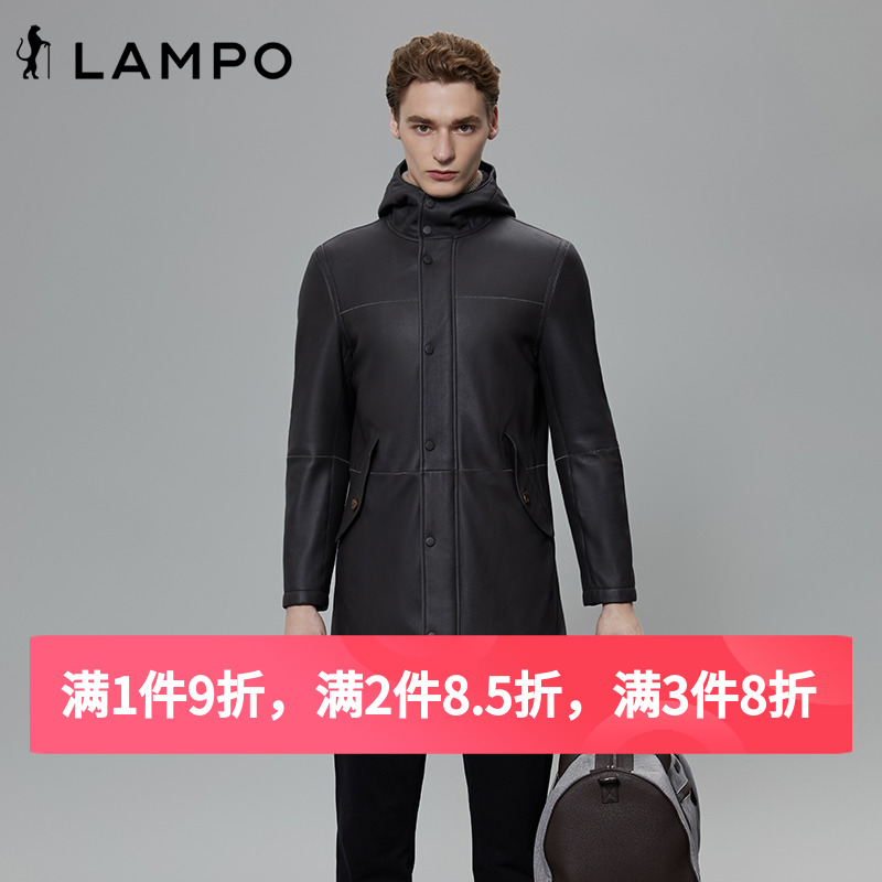 LAMPO/蓝豹【绵羊皮革】秋冬上新深咖色中长款真皮连帽皮衣外套