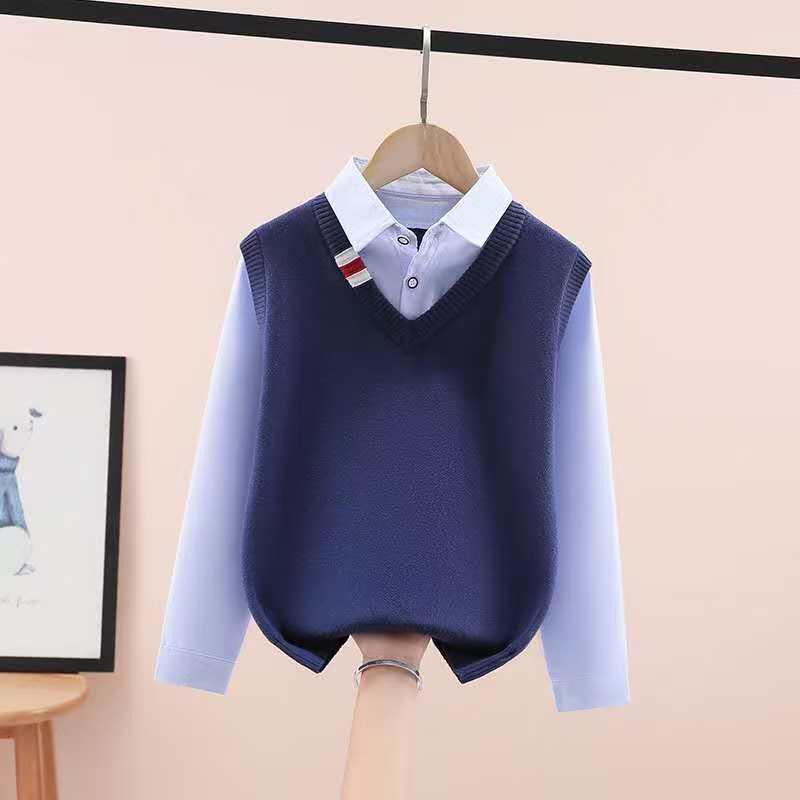 男童纯棉2025新款针织衫毛衣秋冬款长袖童装衬衫领上衣翻领常规款