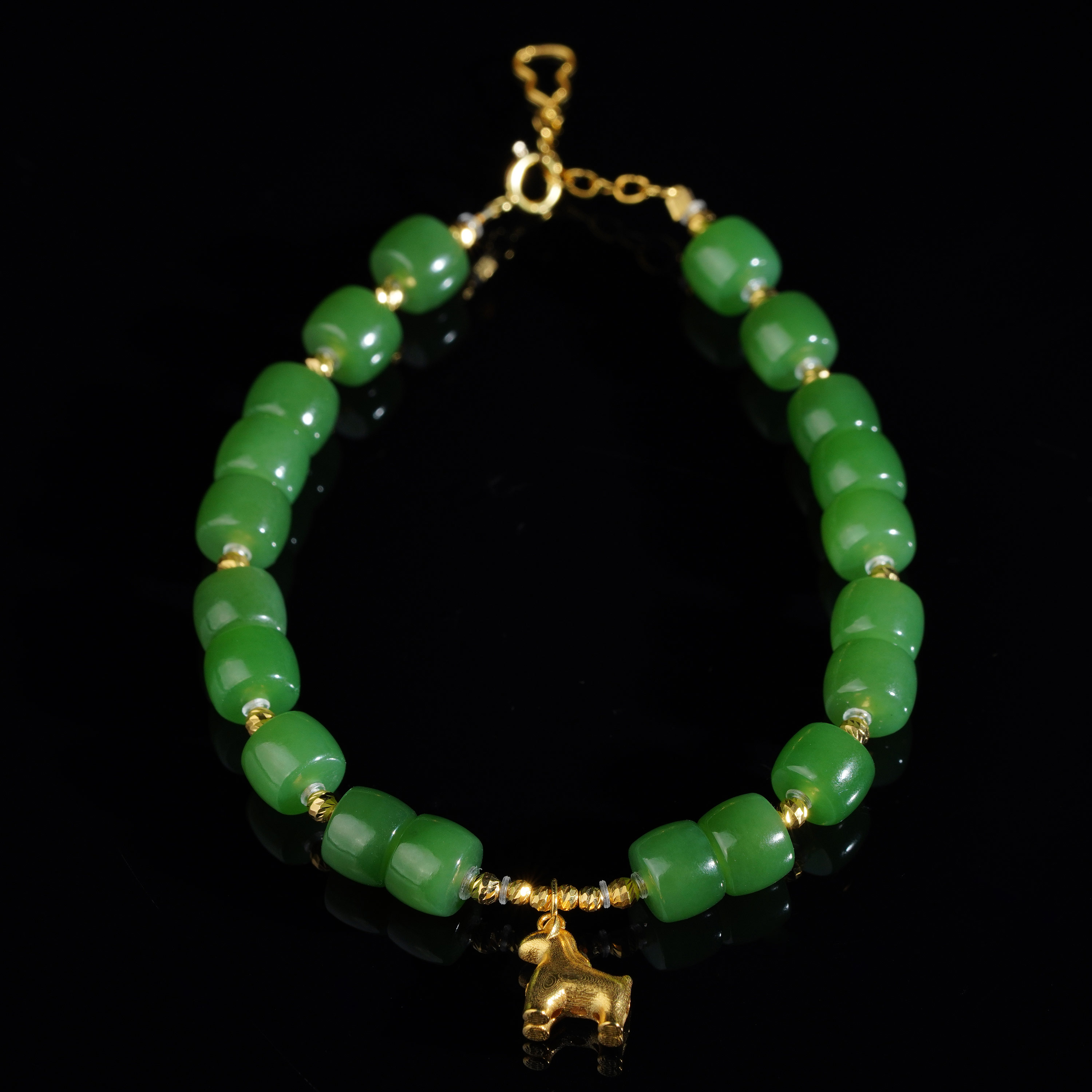 【鹿鸣】一马当先 | 18k金和田玉高色苹果绿直切手串  P168