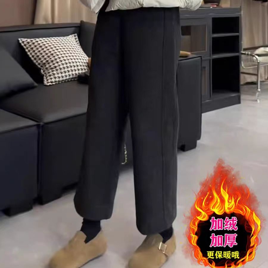 8079毛呢直筒休闲裤加厚女冬季加绒裤大码宽松显瘦保暖九分阔腿裤