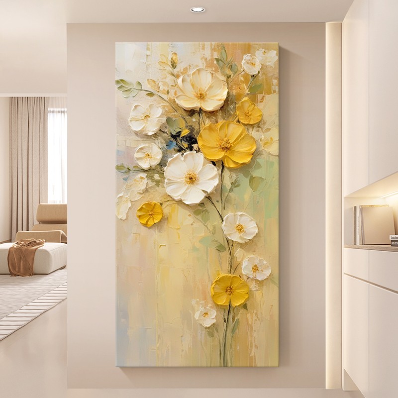 手绘油画抽象花卉肌理客厅装饰画奶油风橙黄色花朵入户玄关挂画