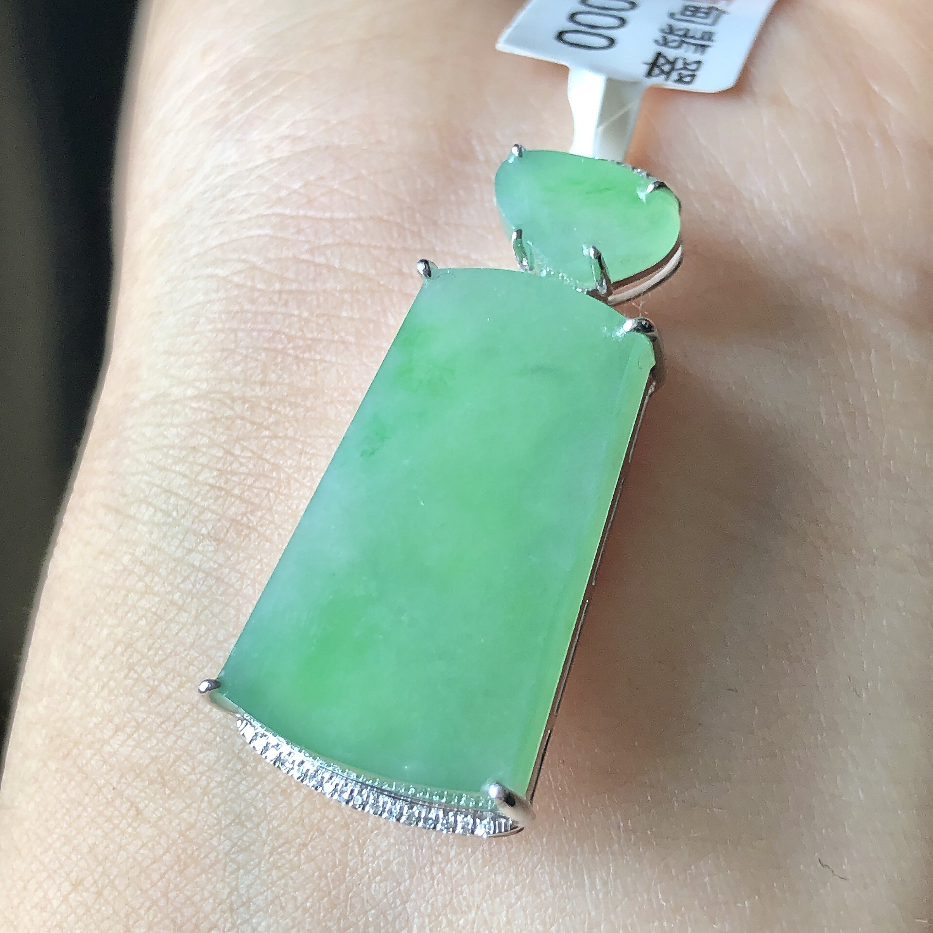 缅甸天然A货翡翠18k金镶嵌老坑冰种满绿无事牌吊坠尺寸31.6/15/7