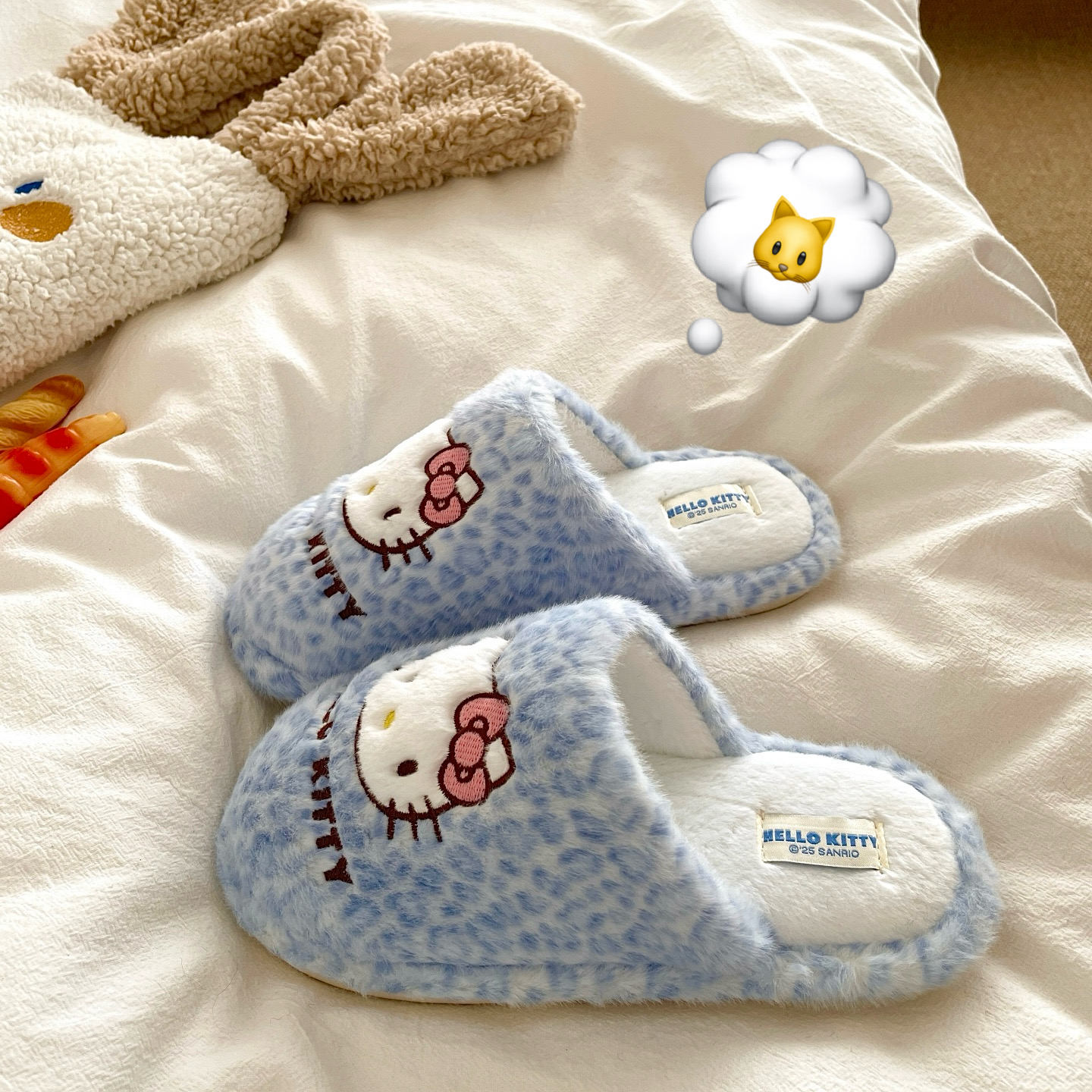 牛仔蓝豹纹~kt猫毛绒拖鞋2025新款小众ins韩版平底室内保暖毛毛拖