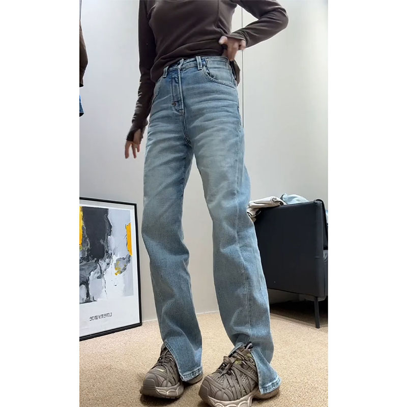 2025秋冬新款加绒加厚显瘦直筒仔裤时尚潮流韩系加绒前开叉马蹄裤