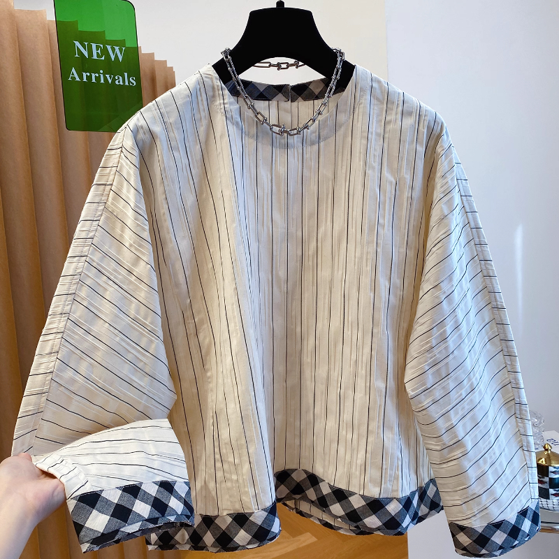 高级肌理感圆领条纹衬衫女长袖秋季宽松休闲简约套头上衣大码显瘦