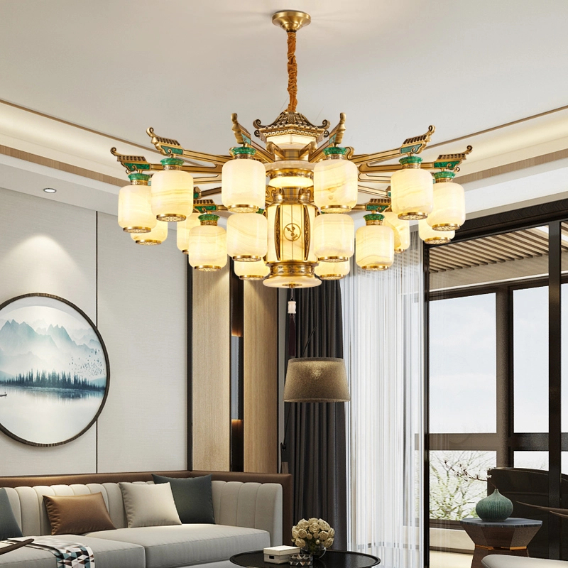 新中式全铜玉石客厅吊灯平步青云奢侈豪宅餐厅书房灯具