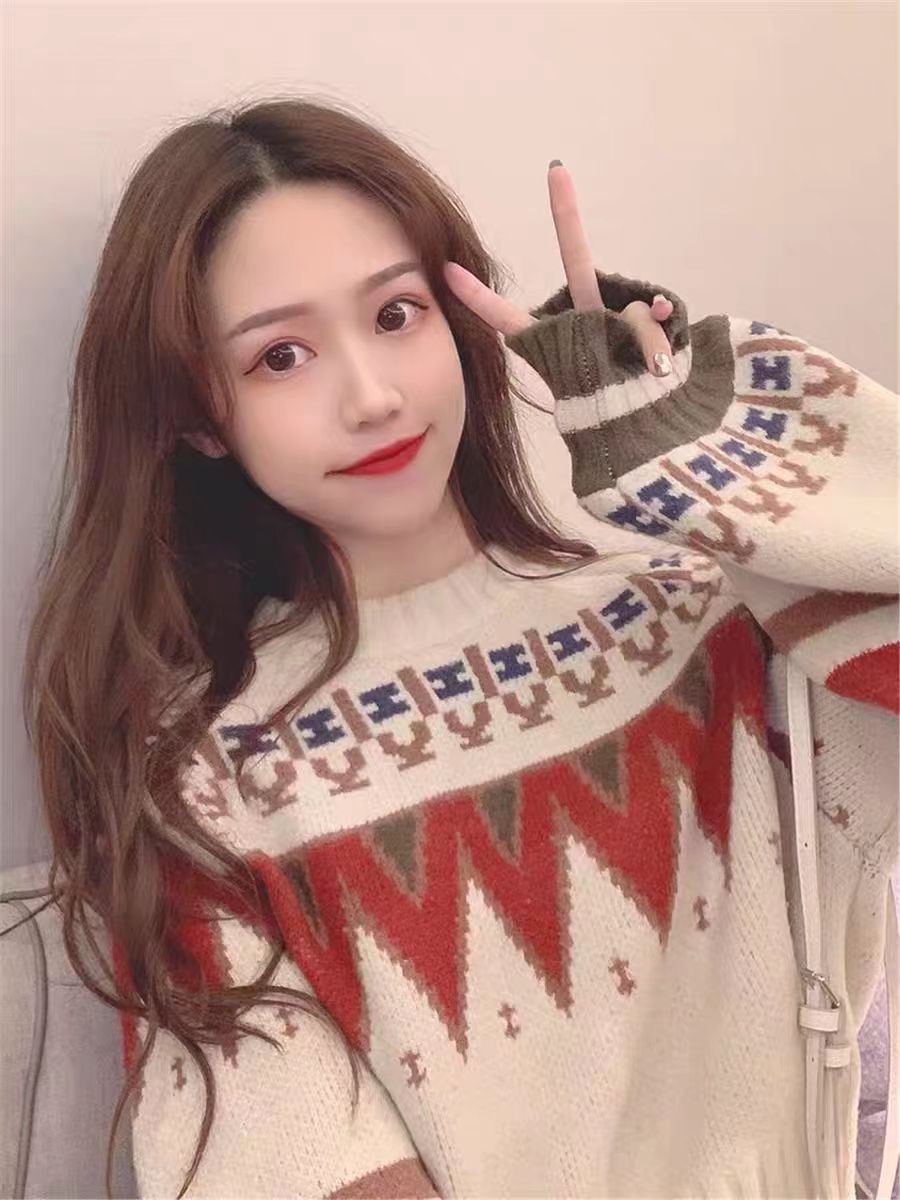 复古日系慵懒风毛衣女宽松外穿加厚保暖麻花针织打底衫女秋冬上衣