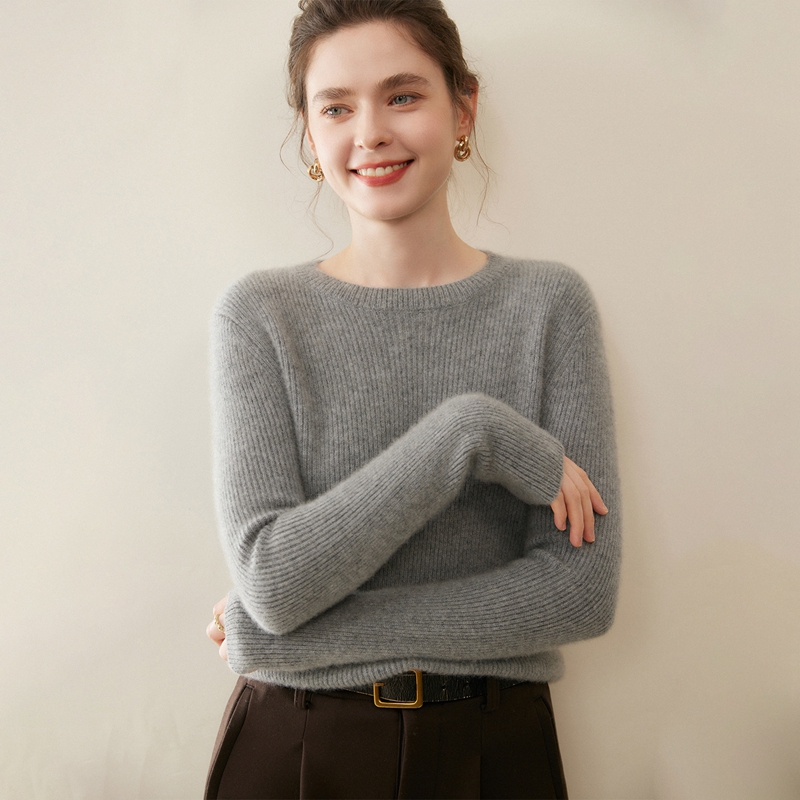Y8553 女士100%山羊绒七针加厚抽条圆领针织衫修身显瘦时尚百搭