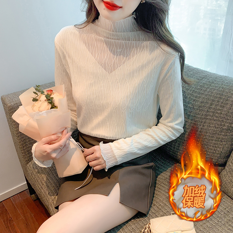 拉夏贝尔2025秋冬新款韩版百搭高领网纱拼接加绒打底衫女上衣秋冬