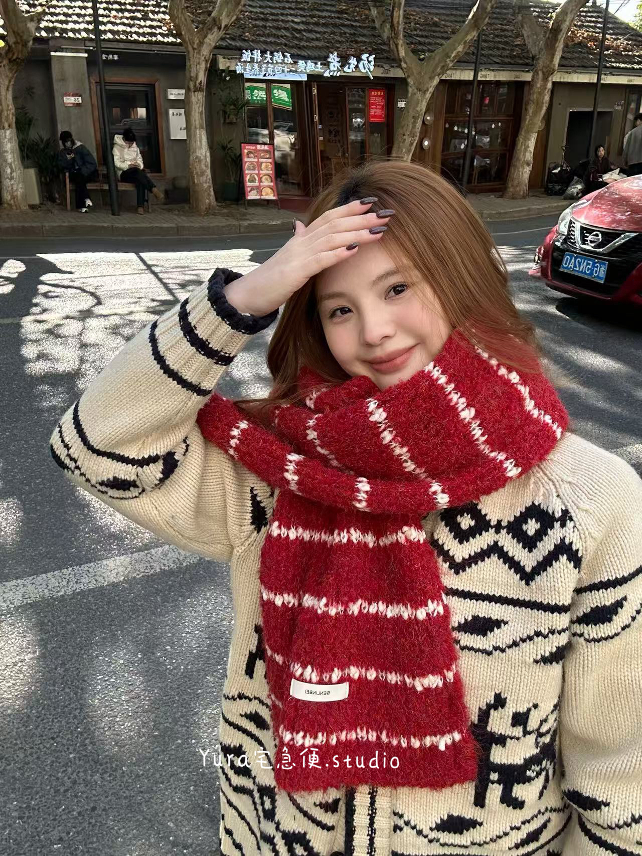 【毛圈圈系列】含羊毛｜复古新年圣诞红条纹羊毛混纺围巾女冬加厚