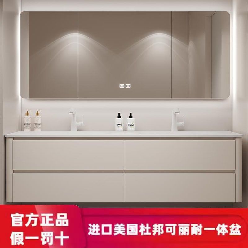 进口杜邦可丽耐一体双盆浴室柜组合橡木洗脸池定制双人位洗漱台