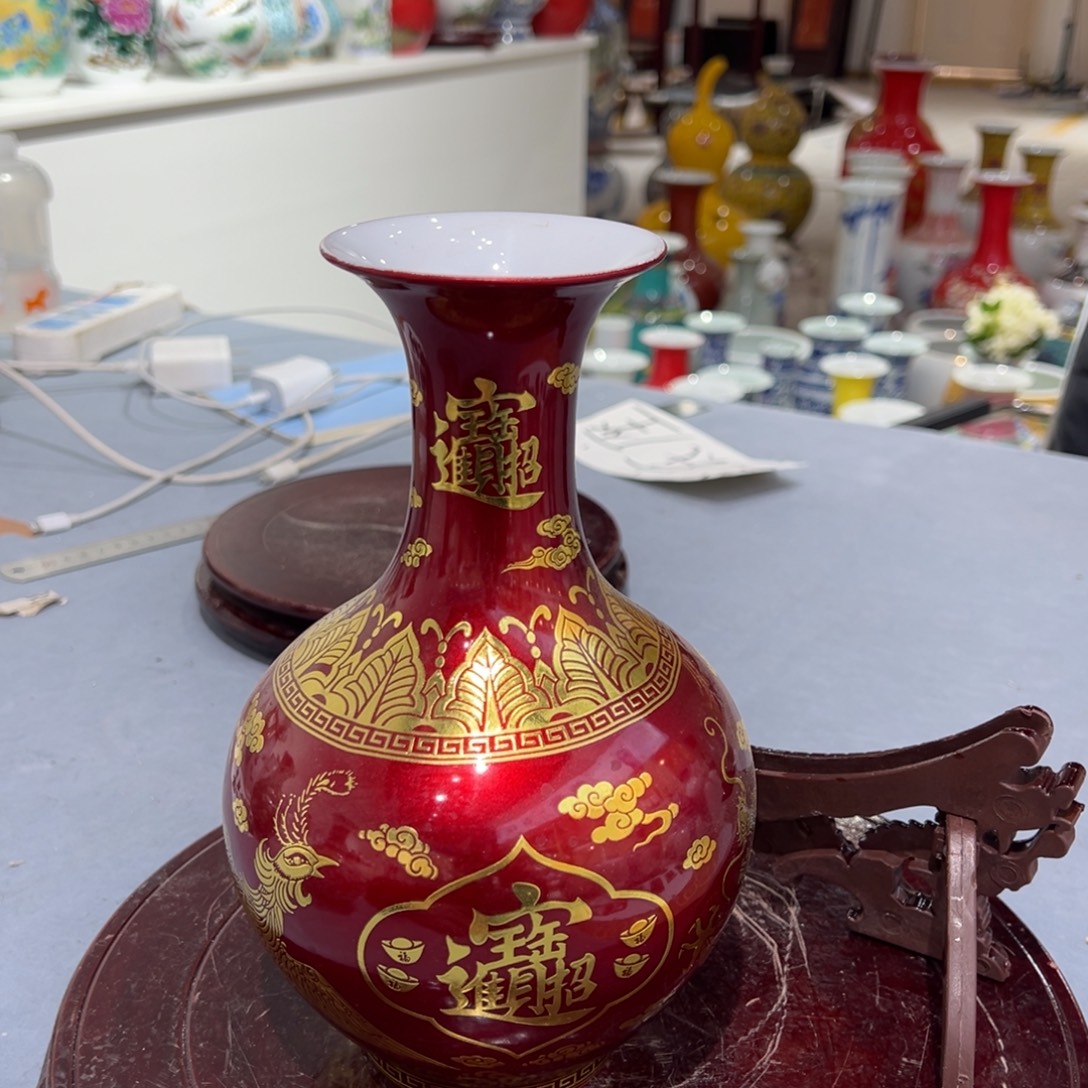 摆件陶23cm红色龙凤呈祥招财进宝赏瓶