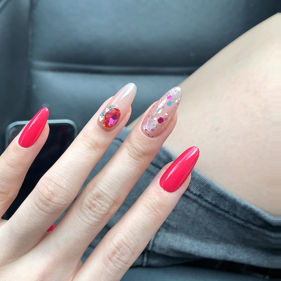 清！！！【玫红】纯手工纯色亮片贴钻组合显白设计穿戴甲