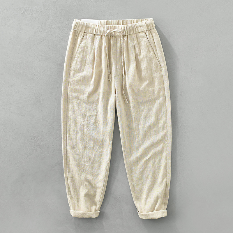 3581杏A色日系苎麻长裤男休闲宽松复古文艺直筒裤潮流麻料裤子