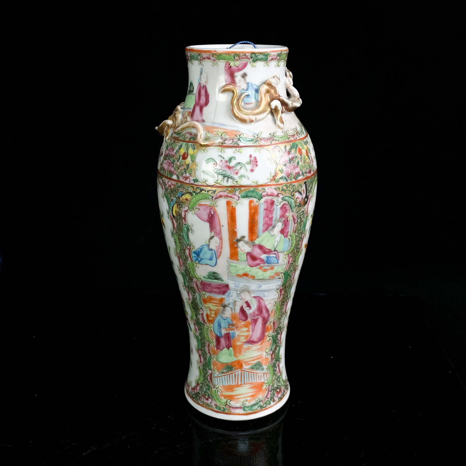 M25L9001188 - 清光绪广彩花鸟纹人物故事盘螭龙尺瓶