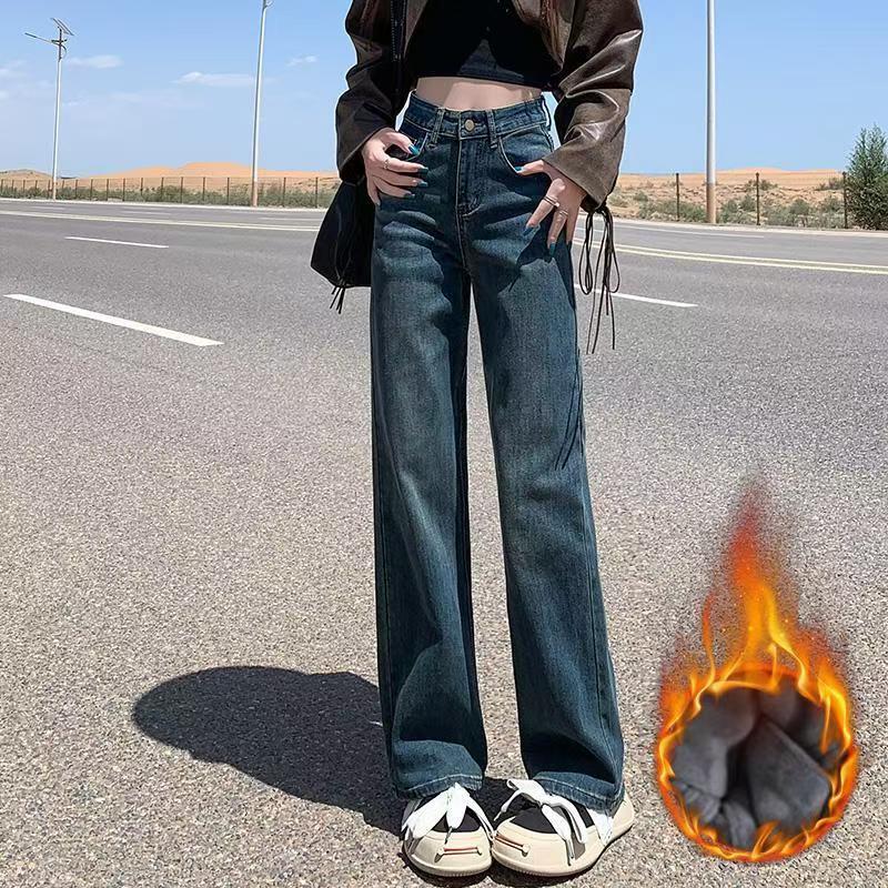 2025冬季新款加绒牛仔裤直筒牛仔  显瘦宽松  无运险