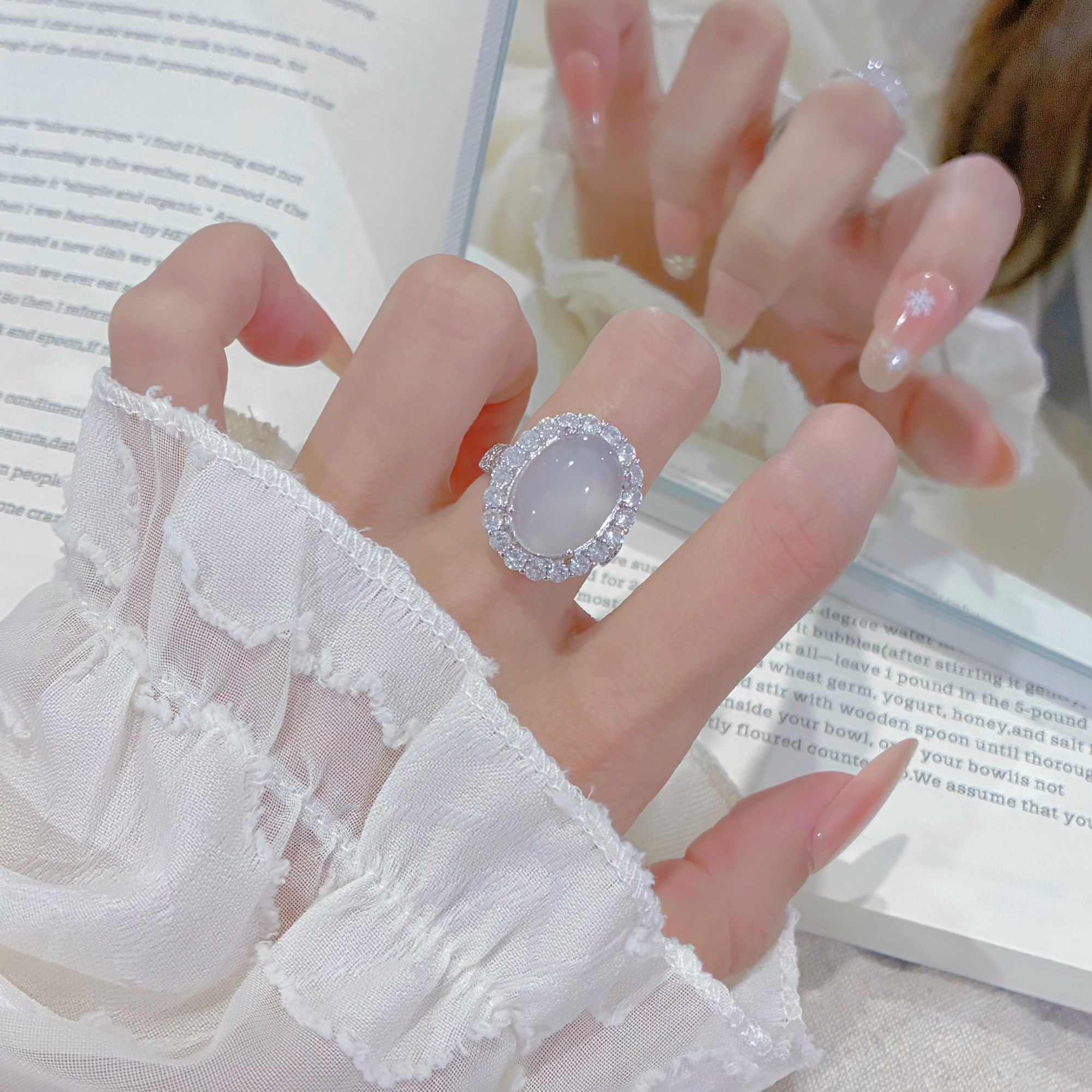 金木槿天然高冰蛋面玉髓戒指开口戒（多样性发一）