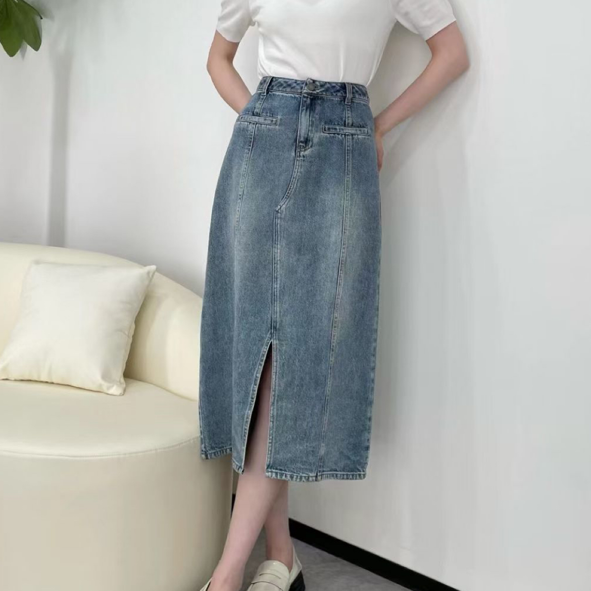 显瘦中长款开叉黑色牛仔半身裙