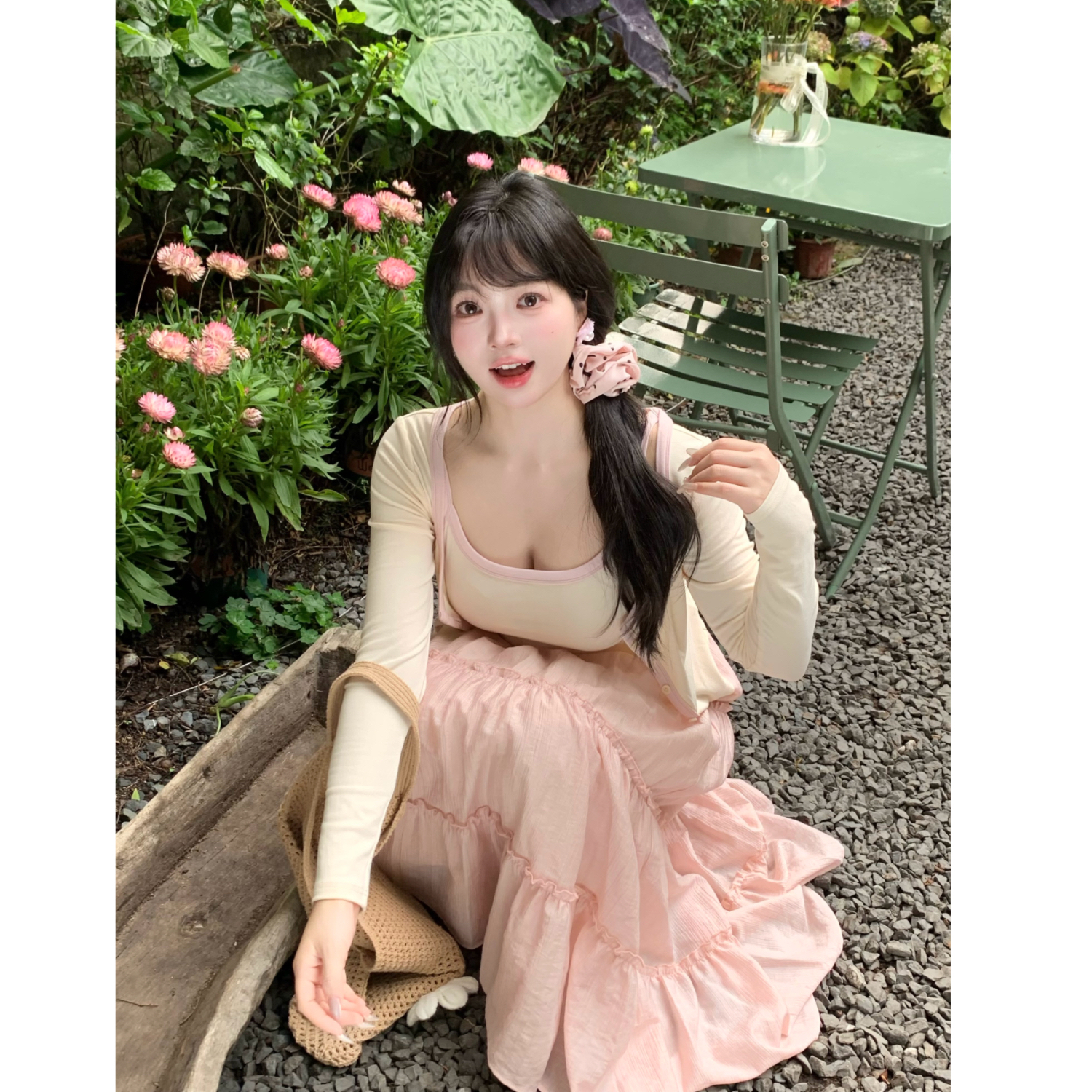 927清清MengFairy【桃粉绒绒】吊带长袖上衣长款半裙套装 5006