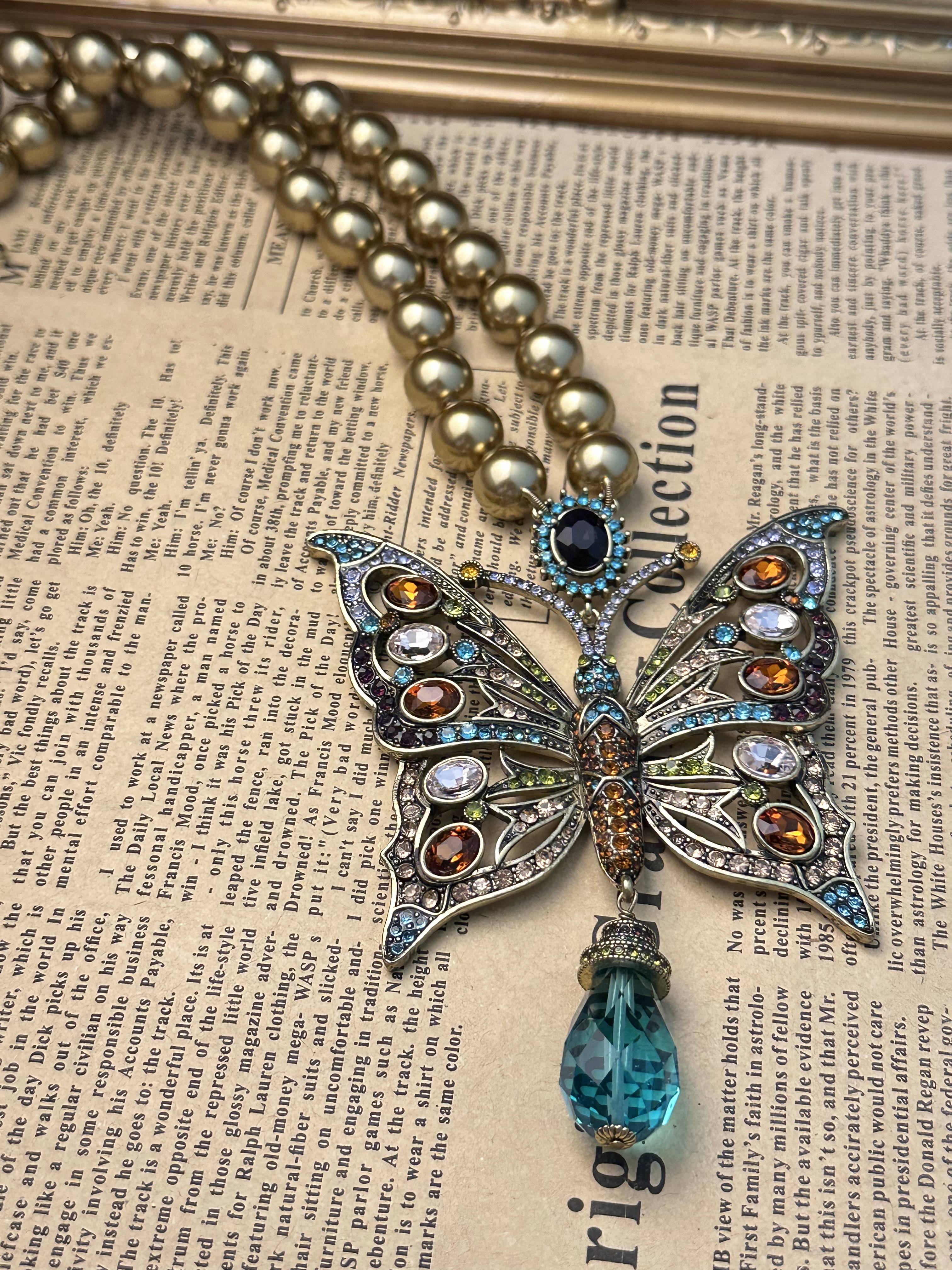 铜合金仿珍珠吊坠 中古镀金仿珍珠蝴蝶项链 N6883