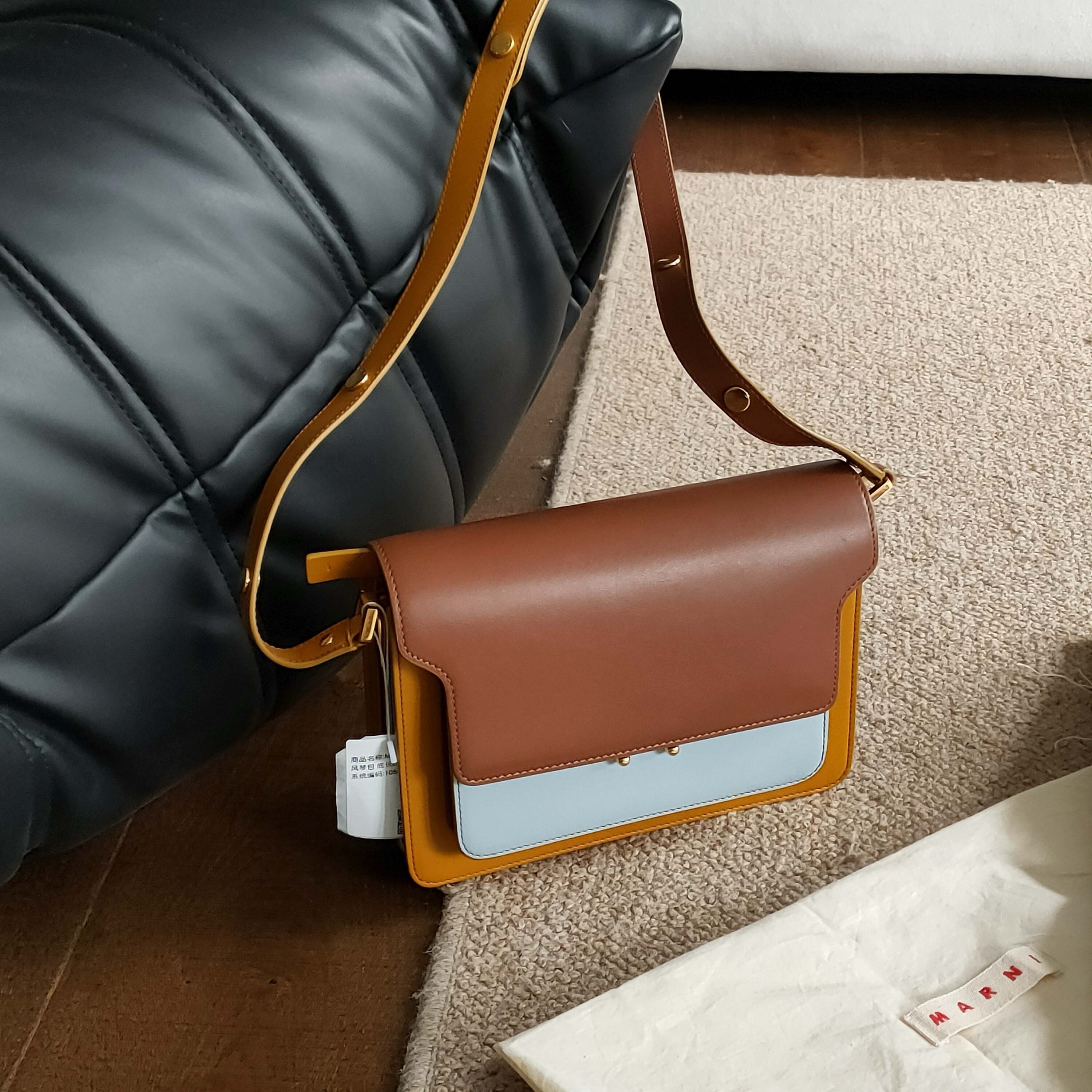 95新 MARNI Azul-焦糖色trunk中号拼色风琴单肩包39352