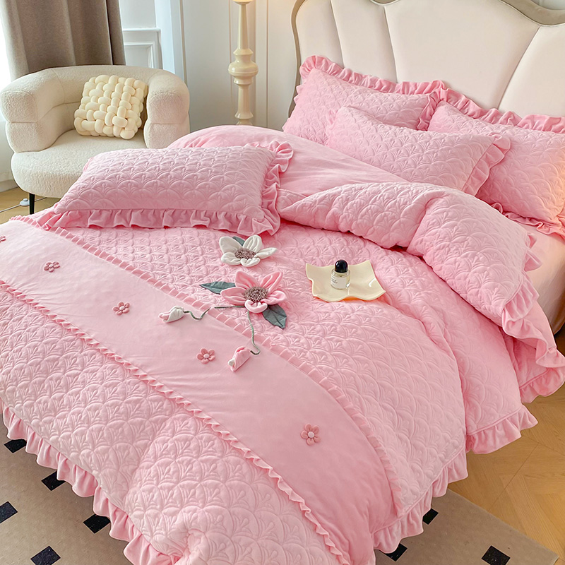 冬季床上加绒床盖四件套宝宝绒夹棉加厚被套公主风绗缝绣花床罩