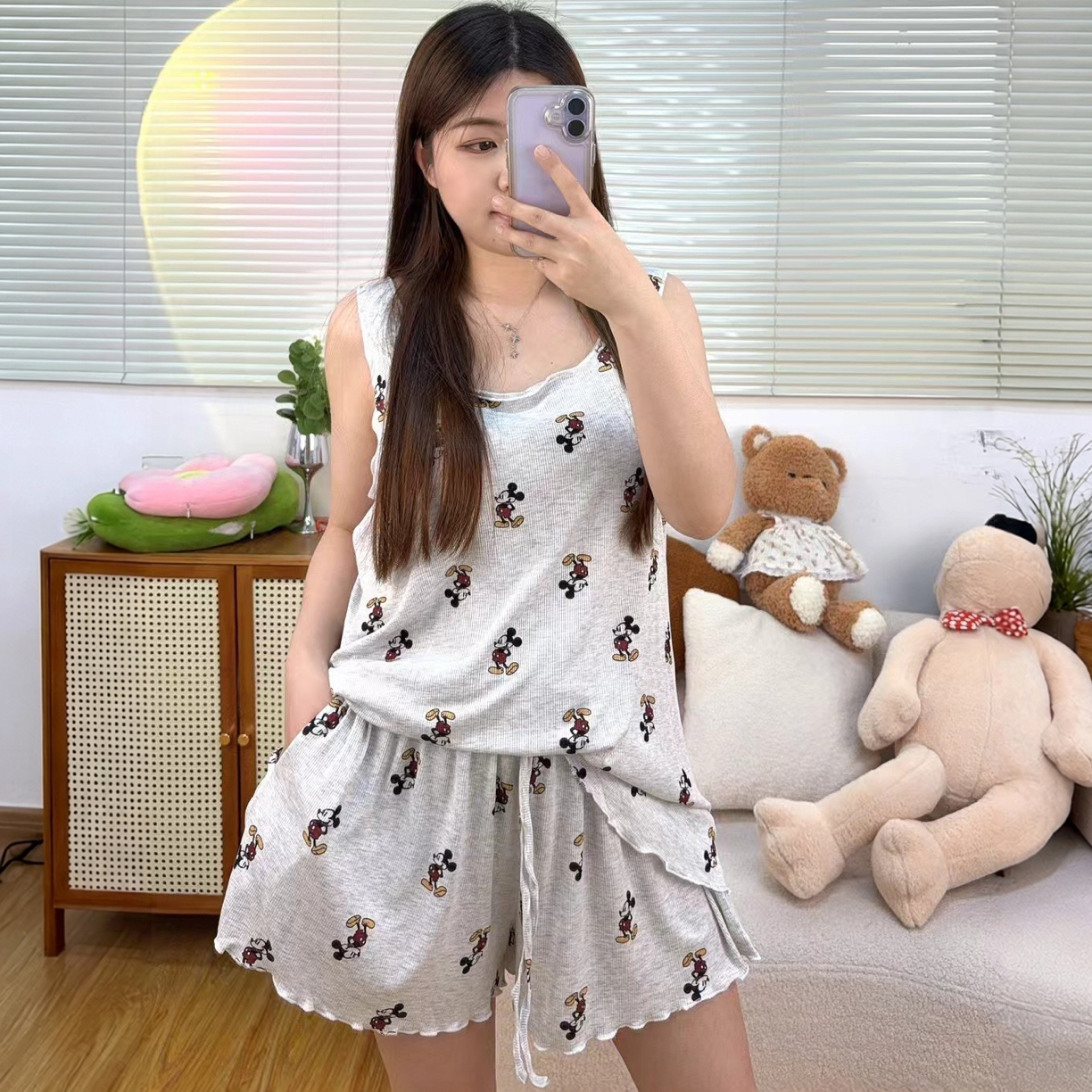 韩系米奇背心短裤带胸垫莫代尔夏季薄款大码睡衣家居服套装25232#