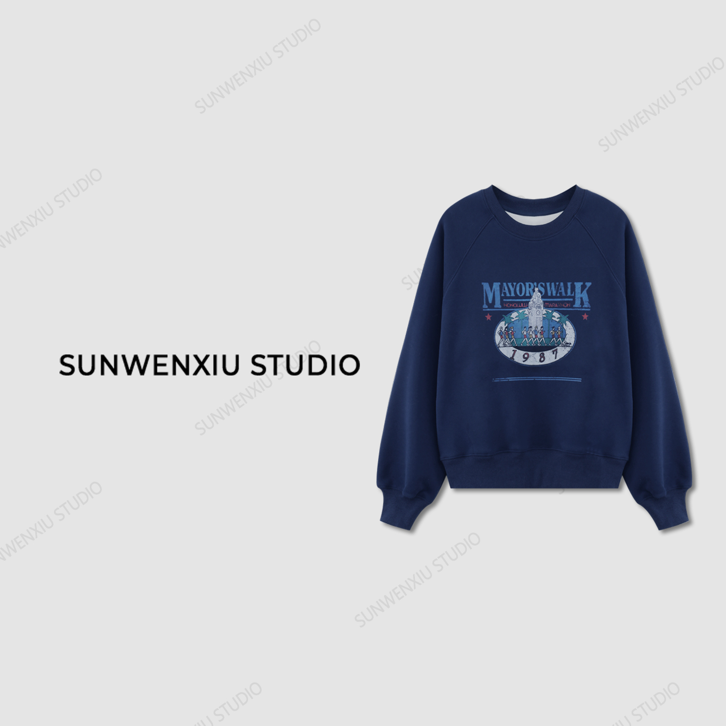 swx studio5店 “1987卫衣”复古松弛极简抓绒圆领印花藏蓝休闲卫衣