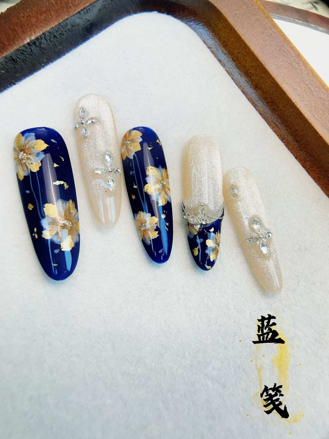 【蓝笺】 指画阁  蓝金显白日常款 新中式纯手绘穿戴甲