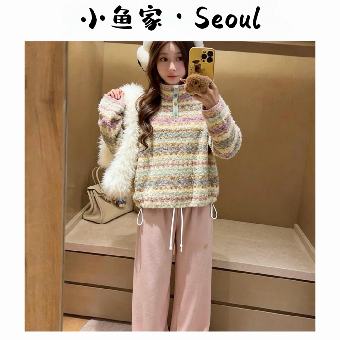 【草莓蛋挞】M韩单卷毛四粒扣立领长袖卫衣咩毛保暖卫衣可抽绳