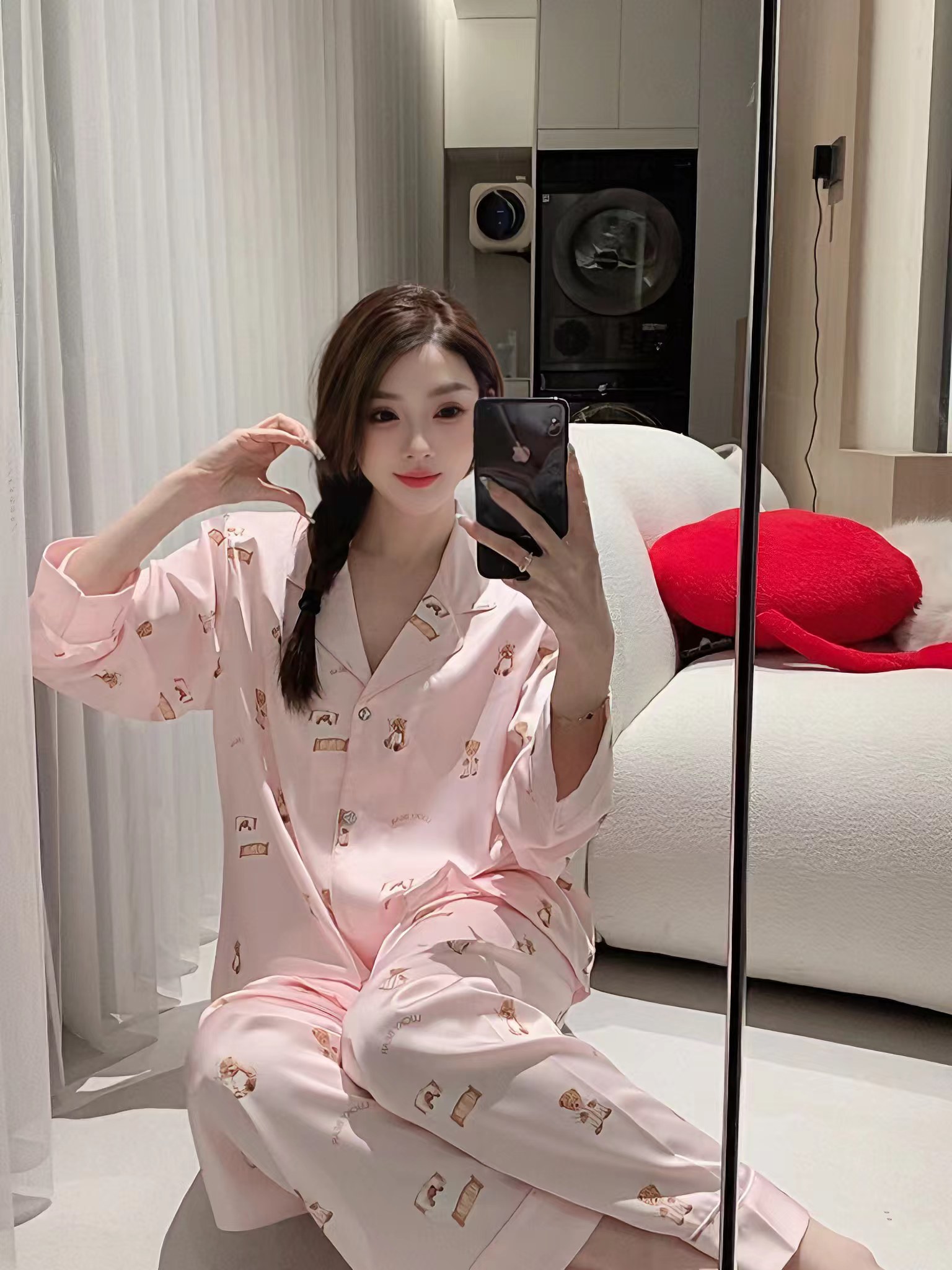 小熊饼干冰丝氛围感春夏粉红女睡衣家居服三件套