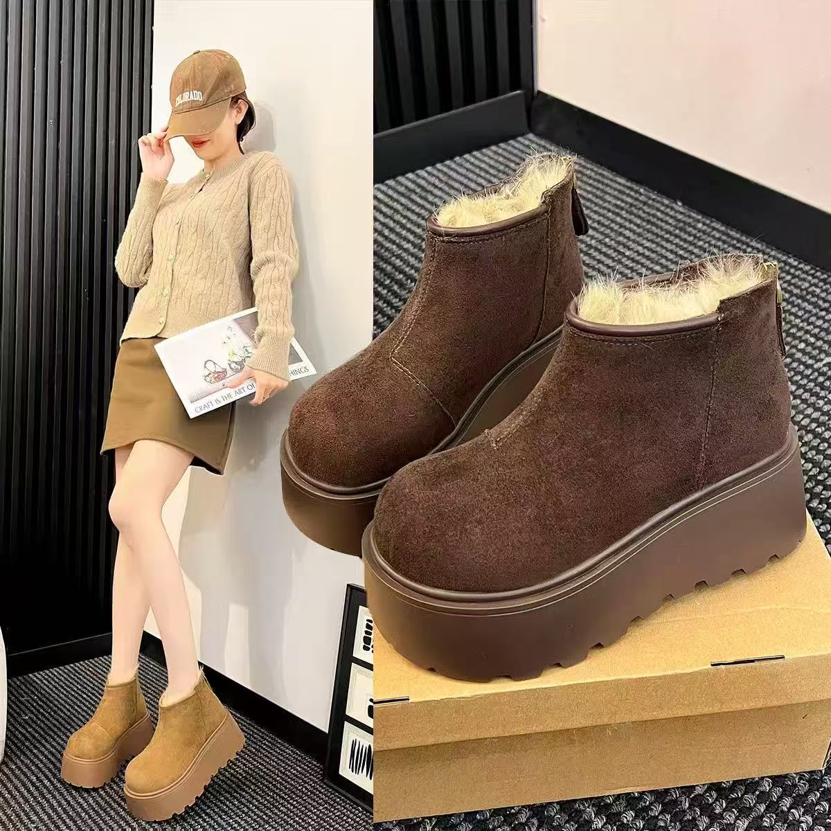 LSY-25926厚底小个子增高加绒保暖雪地靴女棉鞋及裸靴百搭勃肯鞋
