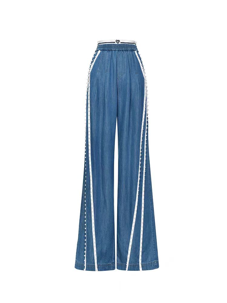 LeFame/拉飞姆24夏牛仔风运动感阔腿A摆修身长裤LF24X51NP206