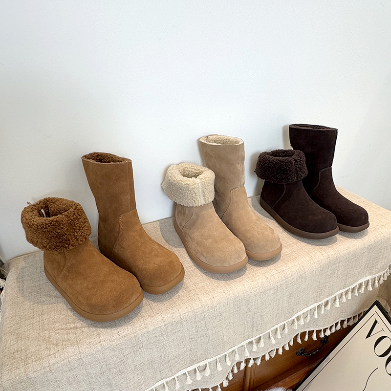 复古勃肯雪地靴女鞋新款冬日小暖炉毛毛短靴真皮加绒保暖两穿棉鞋