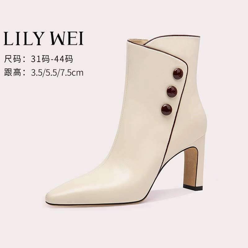 微瑕 介意勿拍  Lily Wei靴子法式复古粗跟小短靴粗跟优雅中筒靴