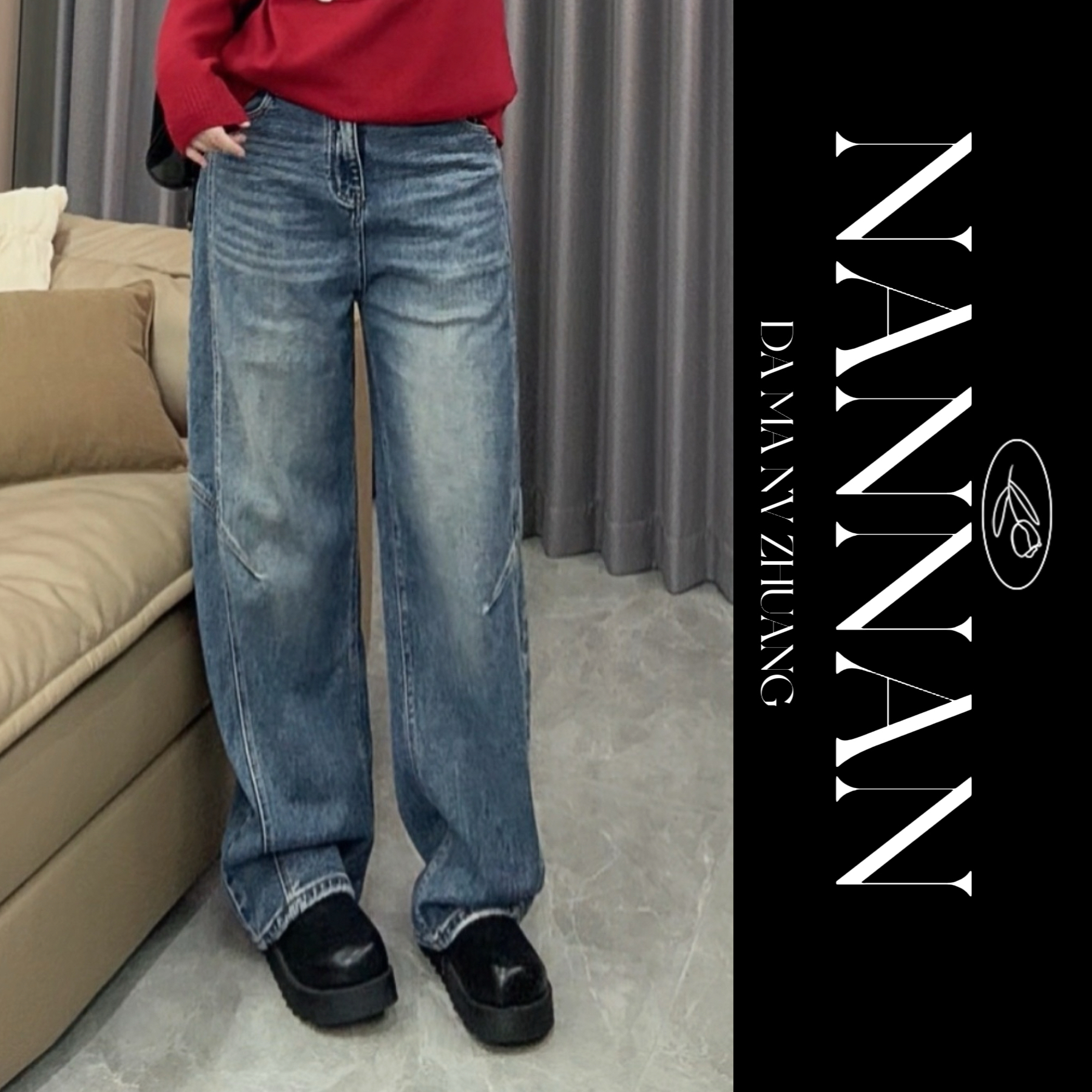 【楠楠推荐】不加绒秋冬松紧腰水洗弯刀阔腿牛仔裤C7163