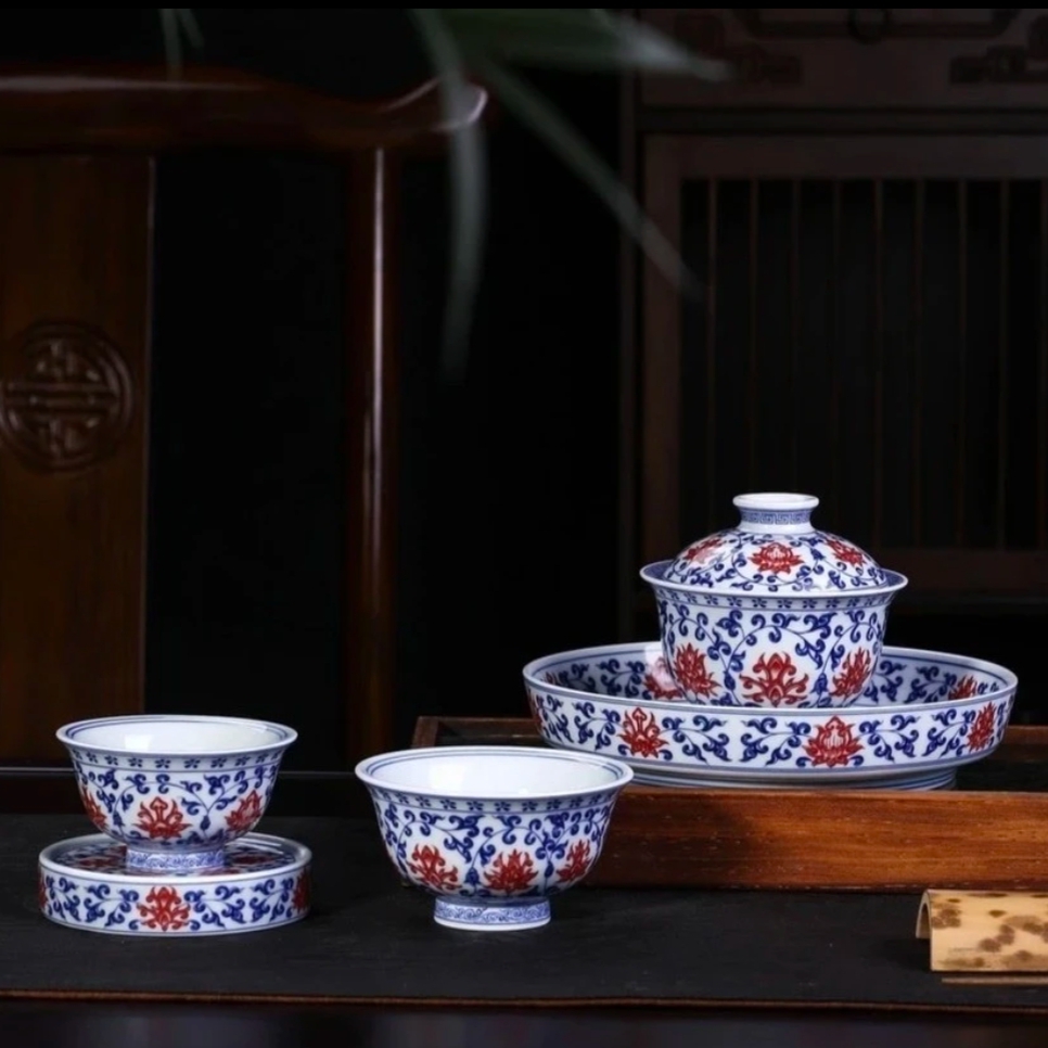 永乐青花釉里红缠枝莲五件套